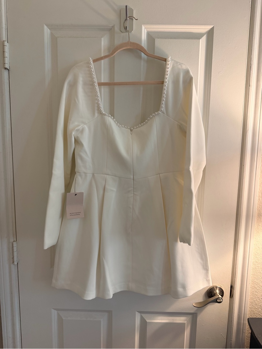 ODD MUSE Long Sleeve Pearl Trim Ivory Mini Dress